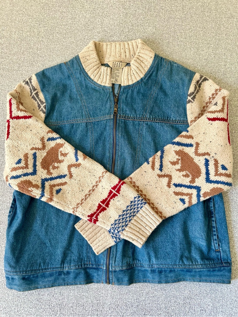 VTG Southwestern Cabin Core Denim Bomber Jacket Knit Sleeve Grizzly Bear Size M